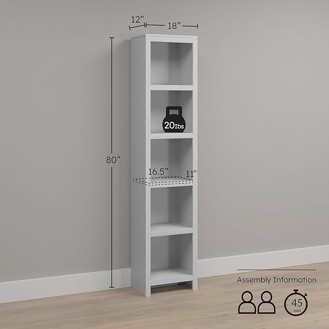 Prepac Moda 80" Tall 5-Tier Narrow Bookcase in White, Modern Storage Accent Bookshelf with 3 Adjustable Shelves for Home, Office, Living Room, Bedroom