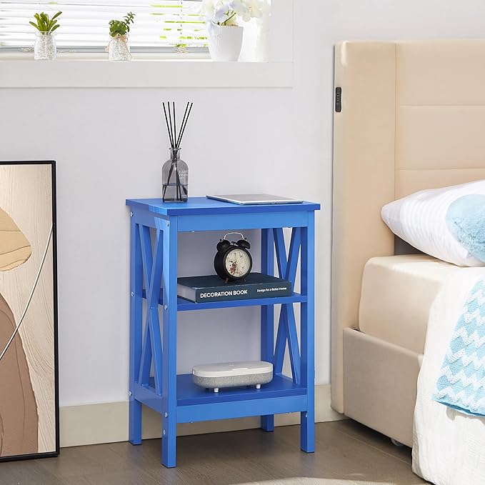 VECELO End Table Set of 2, Bedside Table, 24" Tall Living Room End Tables, X-Design Reinforced Nightstands, Side Table with 3-Tier Storage Shelves for Small Spaces, Office, Bedroom, Dark Blue