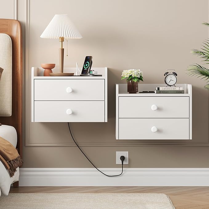 Floating Nightstand Set of 2 with 2 Storage Drawers and Charging Station Wood Wall Mounted Bedside End Table Modern Night Stands Set 2 for Bedroom,Small Space,White