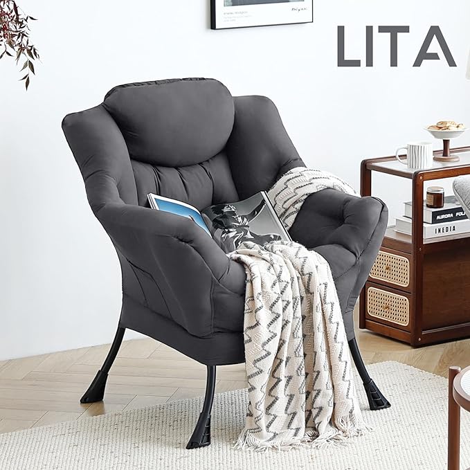 LITA Lazy Chair with Ottoman, Modern Accent Leisure Upholstered Sofa, Contemporary Lounge Reading Chair with Armrests and a Side Pocket for Living Room, Bedroom & Small Space, Single Dark Grey