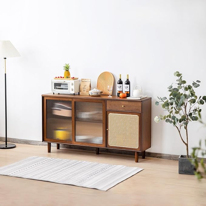 Tiita Bamboo Sideboard Buffet Cabinet, Rattan Kitchen Storage Cabinet with Drawer, Boho Coffee Bar Tables for Kitchen Hallway Office, Walnut