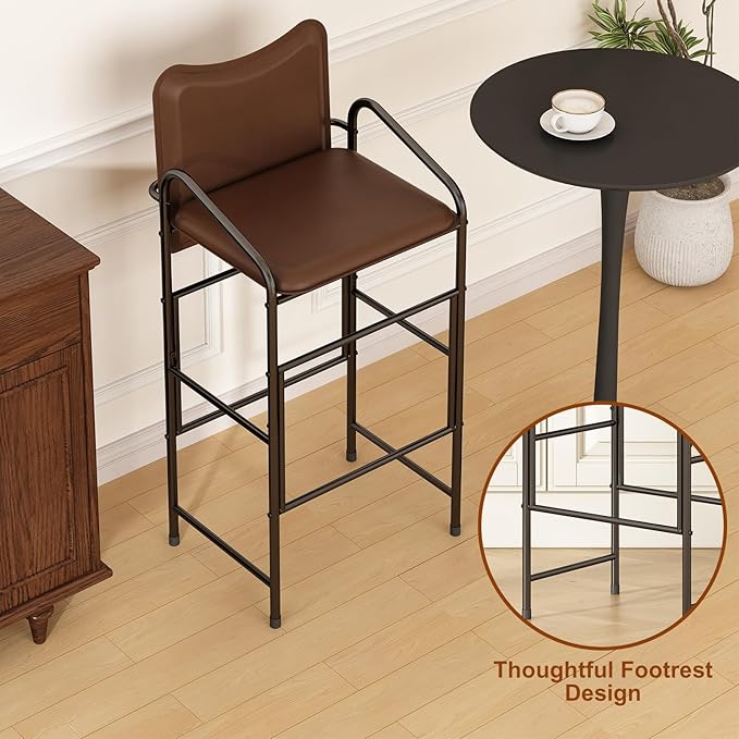 GILLAS Set of 2 Bar Stools with Backrest and Armrest, 36.2" PU Leather Counter Height Stools, Industrial Bar Chairs for Kitchen Island, Home Bar, Brown