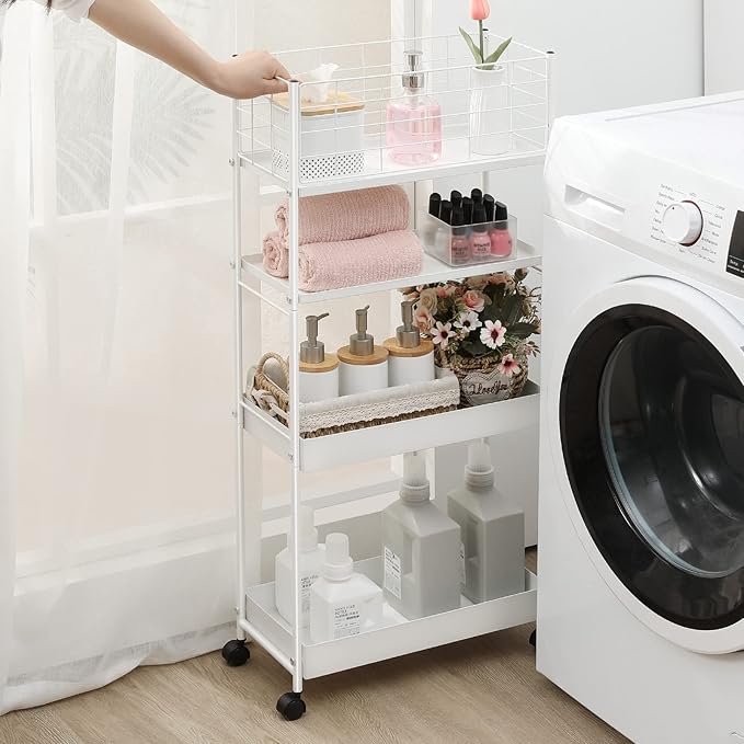 KINGRACK Slim Storage Cart, 4-Tier Metal Utility Rolling Cart with Wheels, Narrow Mobile Shelving Unit, Bathroom Storage Organizer, for Office, Kitchen Bathroom, Laundry Room, Narrow Places, White