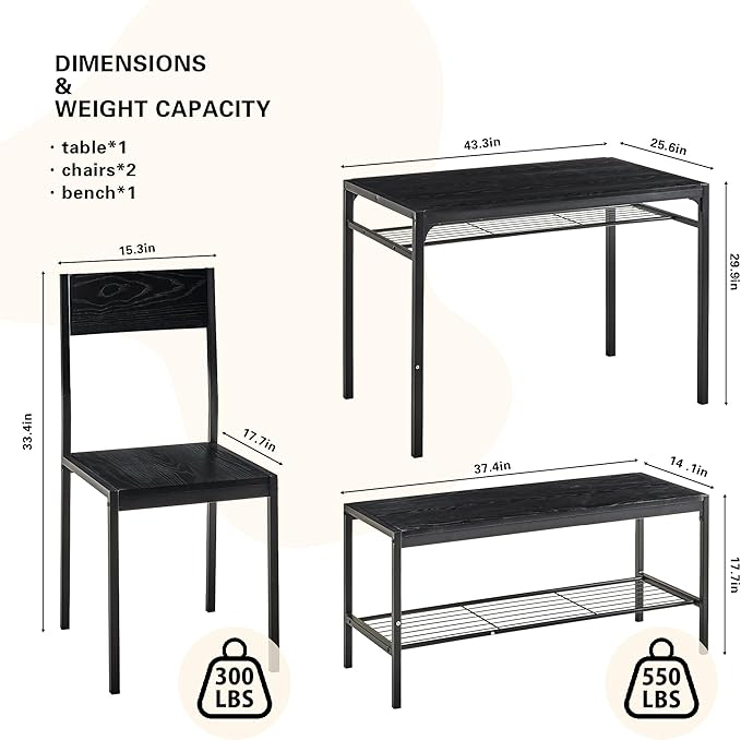 VECELO Kitchen Dining Room Table with 2 Chairs & Bench, Compact Space-Saving Design, Easy Assembly Steel Frame, Perfect for Small Apartments & Breakfast Nooks，Industrial