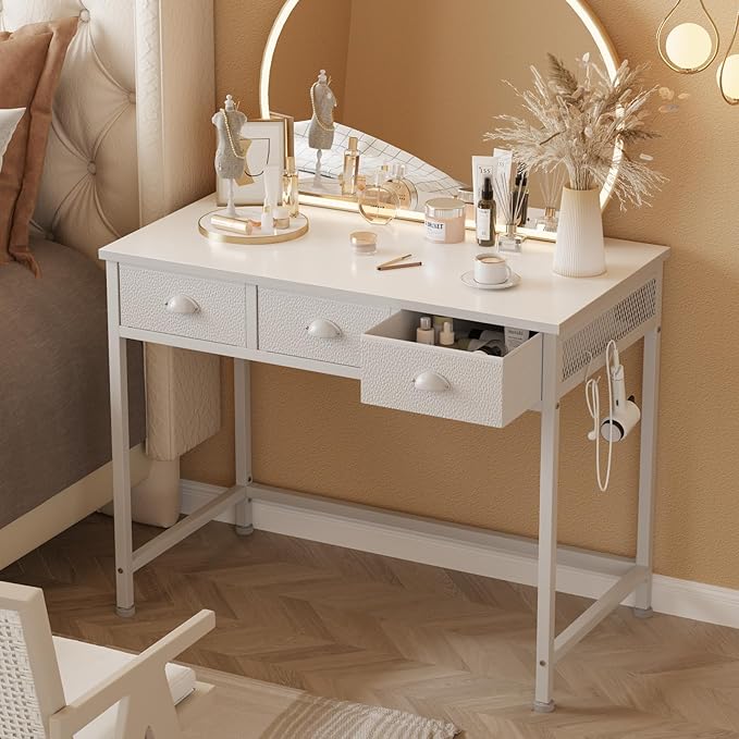Furologee White Small Computer Desk with 3 Fabric Drawers,40 Inch Simple Table Home Office Writing,Vanity Desk with Hooks, Study Desk for Bedroom Small Spaces