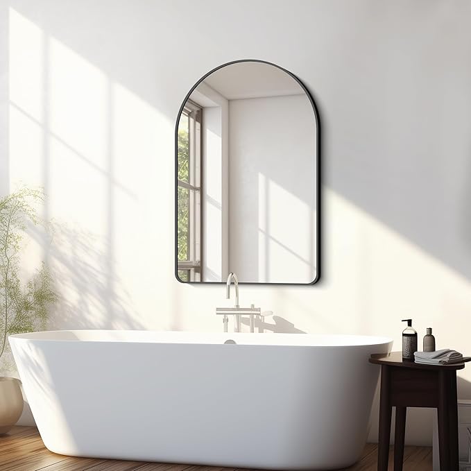 FORBATH Arched Bathroom Mirror 24x36 Inch,Bathroom Mirror Wall Mounted Modern Black Aluminum Alloy Frame Decor Dresser Mirror for Bedroom Living Room Entryway, Hanging or Leaning Against Wall