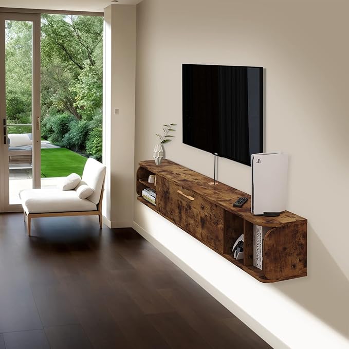 Floating TV Unit, 76'' Wall Mounted TV Cabinet, Floating Shelves with 4 Cabinets, Wood Entertainment Media Console Center Large Storage TV Bench for Living Room & Office (Rustic Brown)