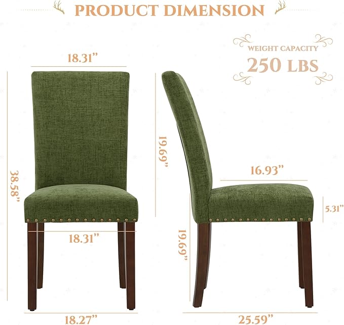 Parsons Dining Chairs Set of 6, Upholstered Nailhead Dining Room Kitchen Side Chair with Thick Cushions and Wood Legs, Green