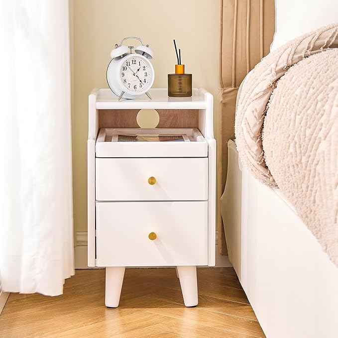 Uniclinens White Narrow Nightstand with Drawers, Small Slim Solid Wood Bedside Table for Bedroom, Modern End/Side for Living Room