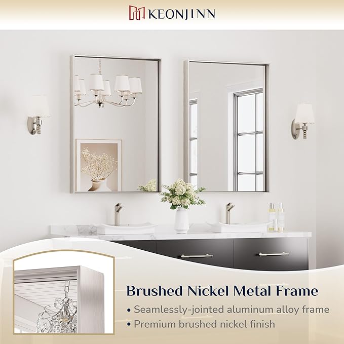 Keonjinn 24 x 36 In Brushed Nickel Bathroom Mirror, Rectangular Metal Framed Wall Vanity Mirror for Over Sink Square Corner Aluminum Alloy Modern Farmhouse Rectangle Silver Mirror(Horizontal/Vertical)