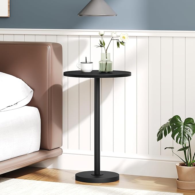Round Side Table, Drink End Table for Small Spaces, Pedestal Style Martini Side Table in Living Room, Bedroom, Dormitory, Black ET30BB