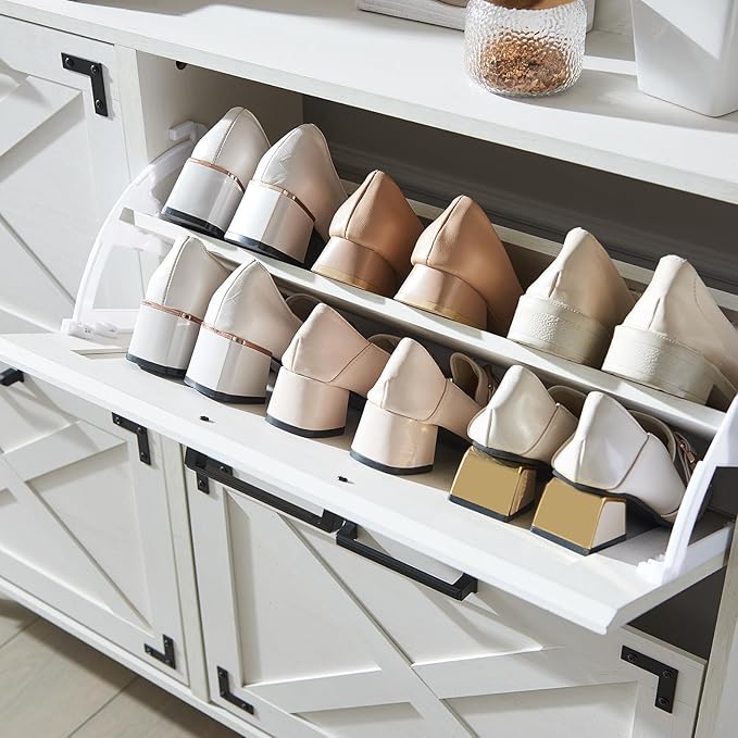 Shoe Storage Cabinet,Farmhouse Shoe Organizer with 4 Flip Drawers & Barn Door Design,Freestanding Hidden Slim Narrow Shoe Rack Cabinet for Entryway,Foyer,Hallway,Antique White