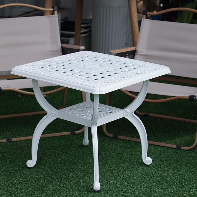 JARDIN DE CENTENNIAL Cast Aluminum Outdoor Side Table,Anti-Rust Outdoor End Table,Patio Coffee Bistro Table for Indoor,Garden,Porch,Balcony(Square White)