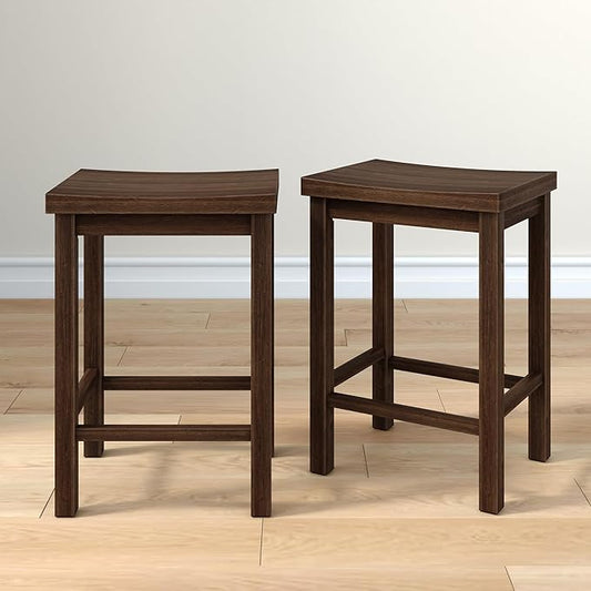 Grain & Grove Smith Collection Set of 2 Solid Wood Counter Height Bar Stools, 24-Inch Saddle Seat Backless Stools, Ideal for Kitchen Island, Dining, or Home Bar Seating, Walnut