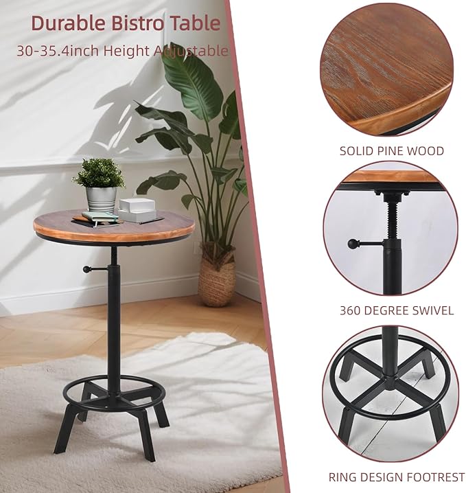 Vintage Bar Table 30-35.4inch Height Adjustable Industrial Bistro Table Retro Dinning Table for Kitchen Coffee House Pub Swivel Wooden Top