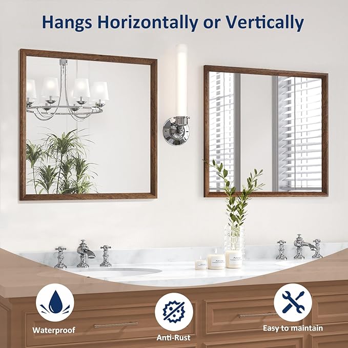 WEER Walnut Bathroom Mirror, Walnut Framed Mirror 40X36 Inch, Rectangle Wall Mounted Bathroom Vanity Mirror with Tempered Glass, Hangs Vertically or Horizontally, Anti-Rust