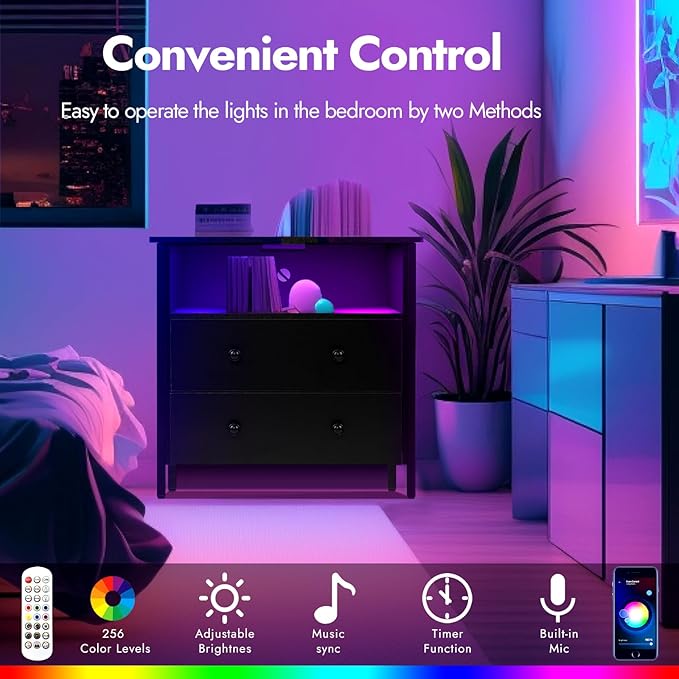 27 Inch Wide Night Stand, Large Wood Night Stand with 2 Drawer, LED Nightstand with Charging Station and Adjustable Drawer, Bedside Table for Living Room/Bedroom/Study/Office, Black.