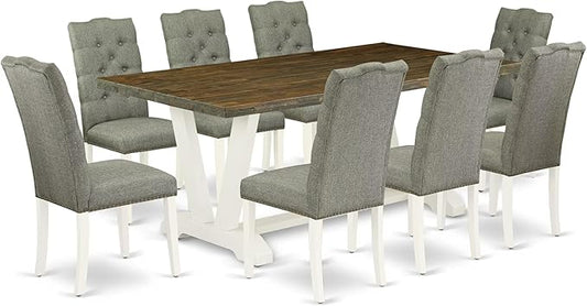 East West Furniture V077EL207-9 9 Piece Kitchen Table & Chairs Set Includes a Rectangle Dining Room Table with V-Legs and 8 Gray Linen Fabric Parson Dining Chairs, 40x72 Inch, Multi-Color