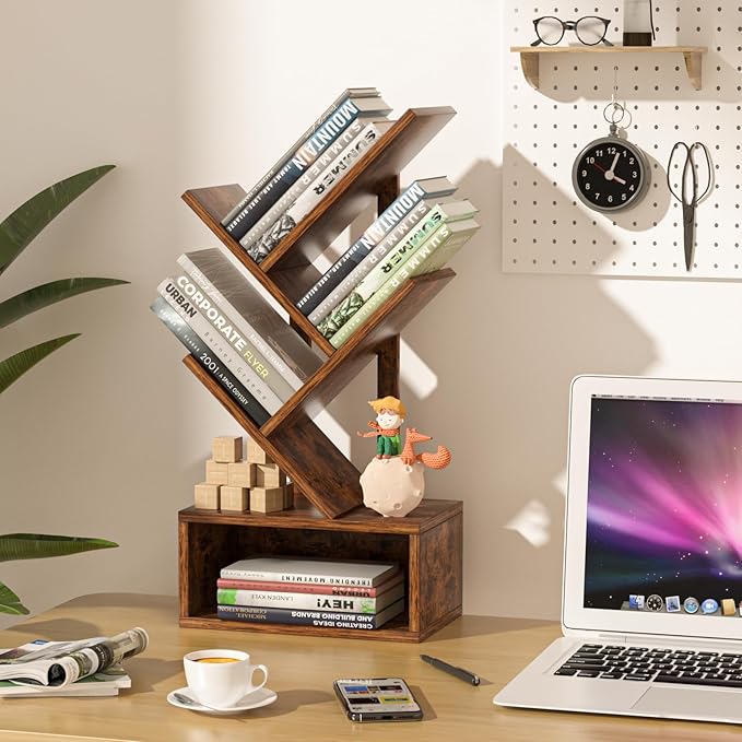 Small Tree Book Shelf,5 Tier Black Tree Bookshelf,Brown Desktop Bookcase,Modern Desk Display Storage Bookshelves,Floor Standing Organizer Bookcases for Living Room,Bedroom,Office-White-Brown