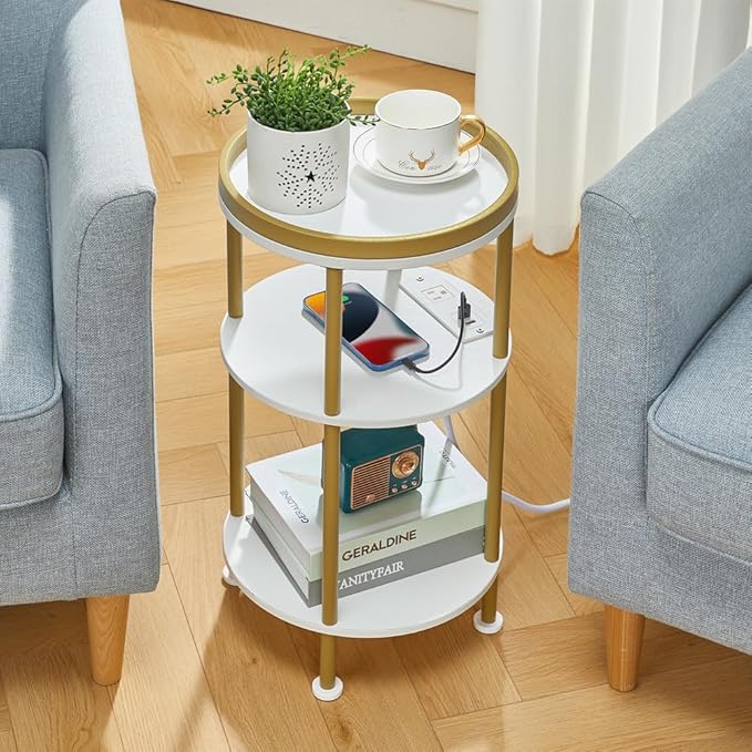 Small Round End Table with Charging Station, 3-Tier Accent Couch Beside Table with USB Ports & Power Outlets, Sofa Side Table for Living Room Small Nightstand Bedroom (USB Charger, White+Gold)