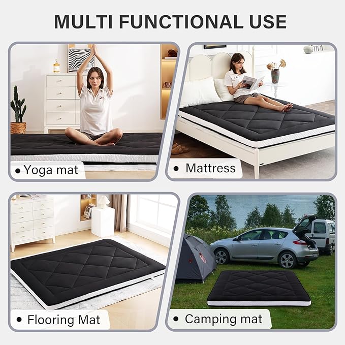 Welnow Japanese Futon Floor Mattress, Thick Queen Size Tatami Mat Portable & Foldable Roll Up Floor Bed Mattress with Storage Bag, Sleeping Pad for Adults, Dorm, Guest Bed, Camping and Travel, Black