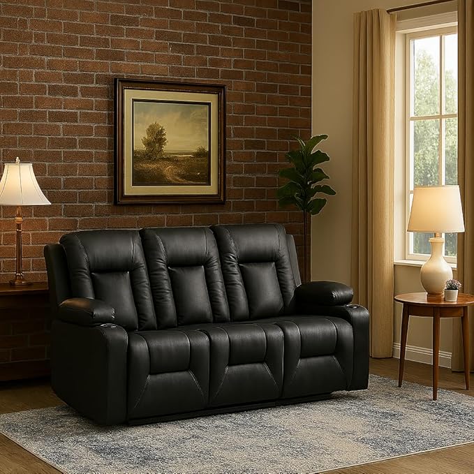LUCKLIFE Leather Recliner Sofa Set with Manual Recliners,Living Room Furniture Set with Reclining Couch,Loveseat and Armchair,Living Room Chair with Cup Holders,Black (3+1)