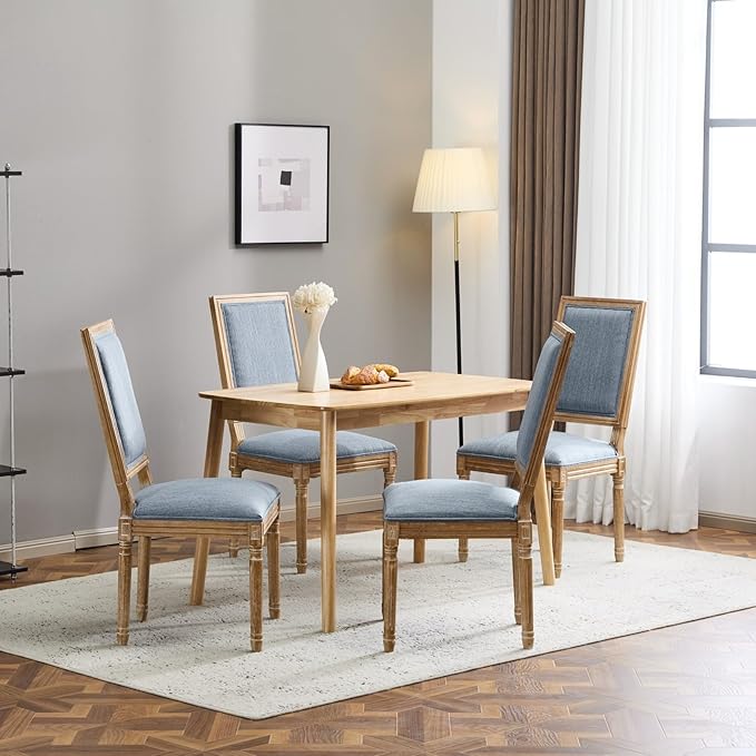 Merax Upholstered Solid Wood Dining Chairs Set of 4, French Country Style Accent Side Seating Furniture for Kitchen, Living Room, Cushioned Back, Slate Blue