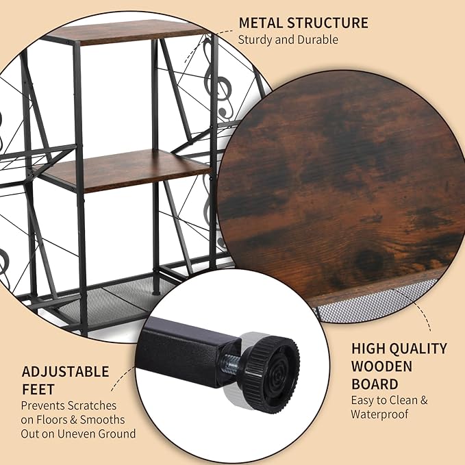 Record Player Stand with Vinyl Record Storage, Turntable Stand with 4-Tier Vinyl Display Shelf & Metal Frame, Record Holder for Living Room, Rustic Brown