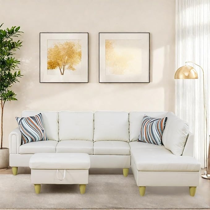 Sectional Couch with Ottoman Storage, L Shaped Sofa Furniture Sets, Modern Modular Comfy Sofa for Living Room Bedroom, White
