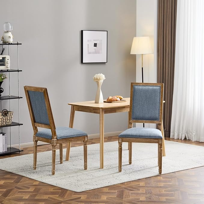 Merax Upholstered Solid Wood Dining Chairs Set of 2, French Country Style Accent Side Seating Furniture for Kitchen, Living Room, Cushioned Back, Slate Blue