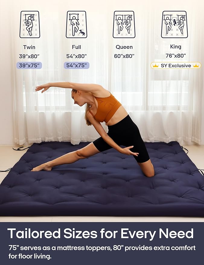 Syrinx Japanese Floor Futon Mattress, Foldable Tatami Sleeping Pad for Adults & Kids, Roll-Up Floor Bed or Bench Cushion with Anti-Slip Strap & Water-Resistant Design