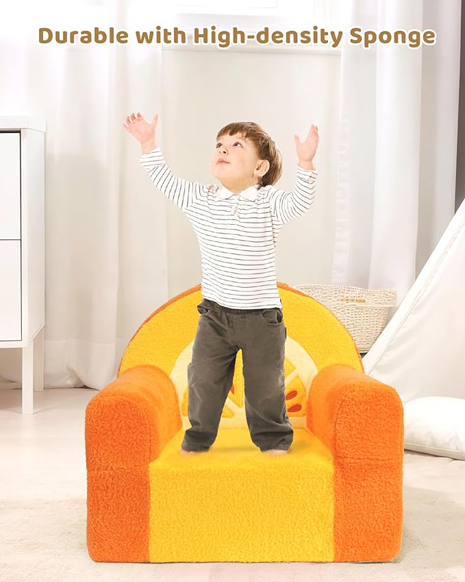 Toddler Chair, Comfy Foam Kids Couch with Soft Velvet Cover, Toddler Couch with Cute Orange Design for Gaming and Studying, Kids Sofa for Boys and Girls