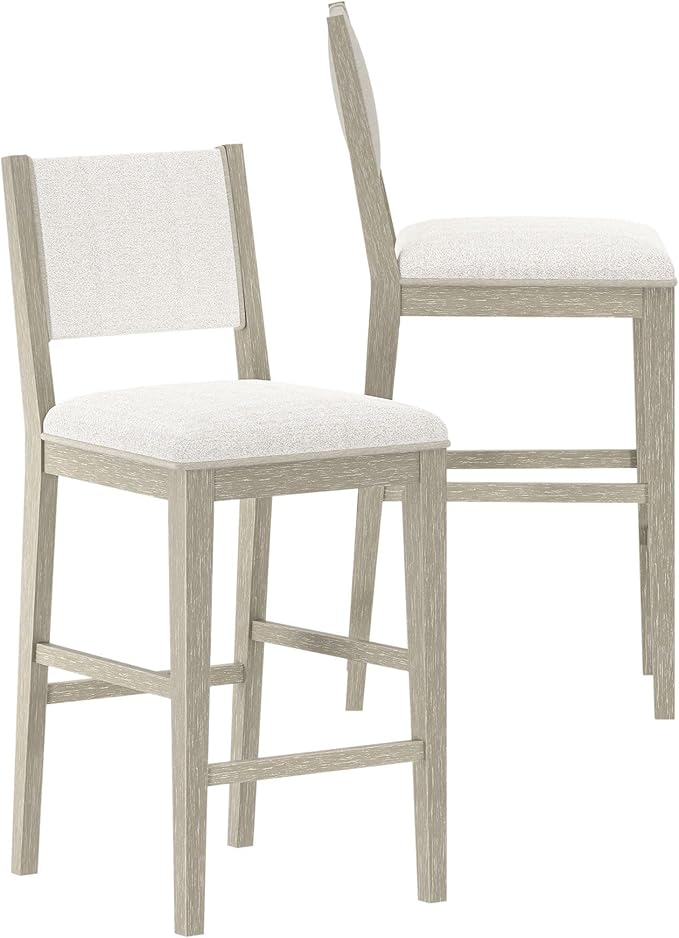 Plank+Beam Sereno Bar Stool, 30", Set of 2, Sturdy Wood Modern Kitchen Bar Height Stool, Upholstered Cushion Bar Chair with Back, Antique White/Ivory