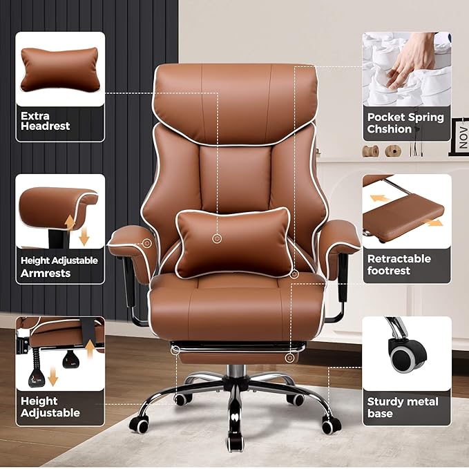 GTRACING Big and Tall Gaming Chair 400lbs Heavy Duty Office Chair with Foot Rest & Ergonomic Pocket Spring Cushion, High Back Lumbar Support for Lower Back Pain Relief, Coffee Brown