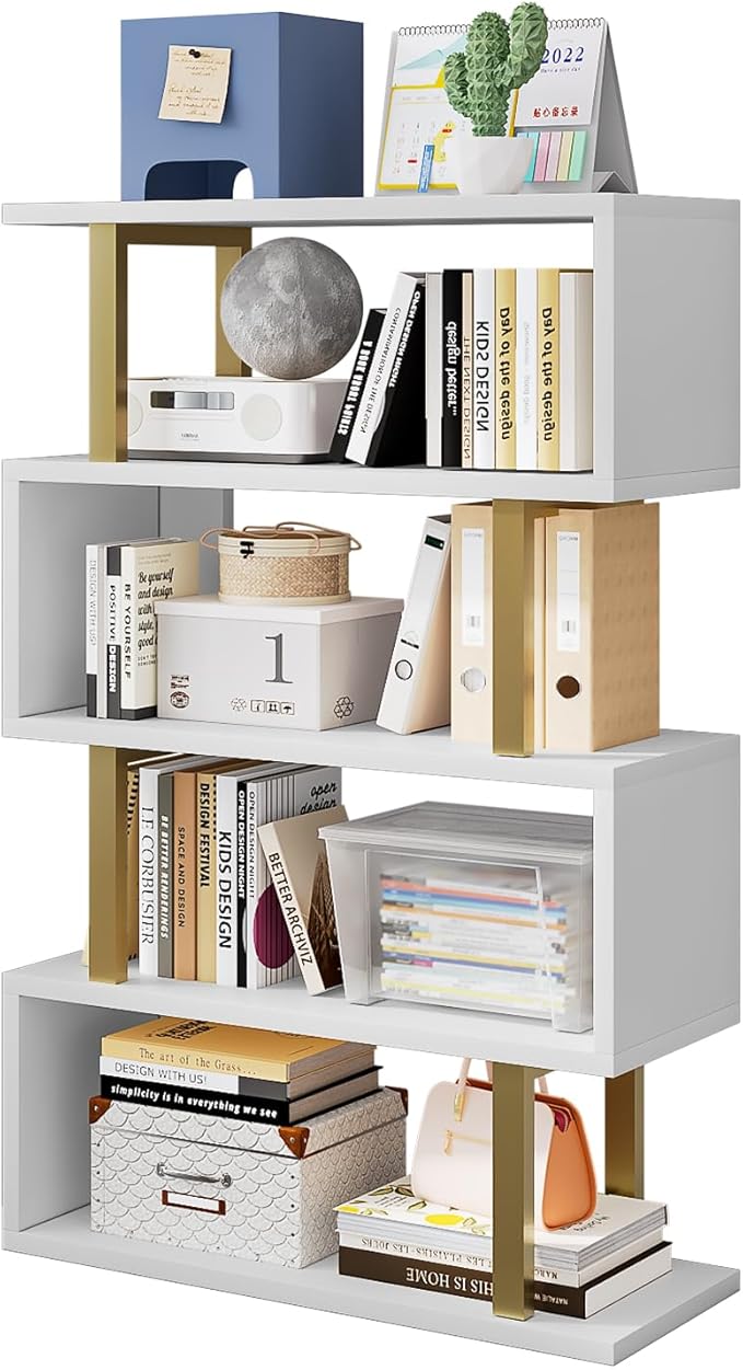 SORCEDAS Bookshelf Geometric Bookcase S Shaped Industrial Bookshelf Storage Display Stand Shelf for Living Room Bedroom and Office Room (White, 4 Tier)