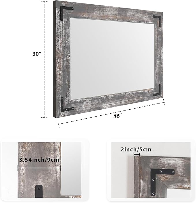 YOSHOOT Rustic Wooden Framed Wall Mirror, 48"x30", Natural Wood Bathroom Vanity Mirror for Farmhouse Decor, Vertical or Horizontal Hanging
