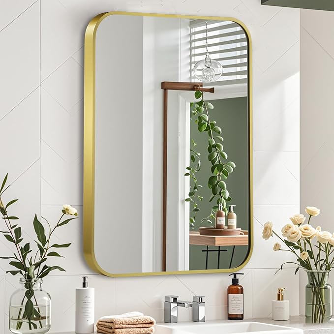 26x38 Inch Gold Mirror, Framed Rectangle Mirror with Rounded Corner, Brushed Brass Mirror, Gold Bathroom Mirror for Over Sink, Vanity, Living Room, Bedroom, Horizontal/Vertical