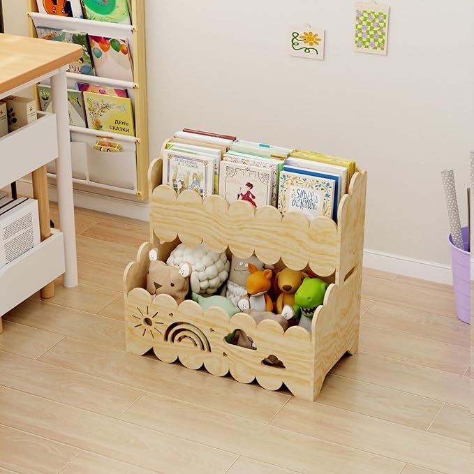 Wood 2-Tier kids bookshelf, Montessori Bookshelf, Suitable Kids Rooms, Nursery & Classroom, kids bookshelf and Toy Storage, Toddler Book Rack, Nursery Book Shelves