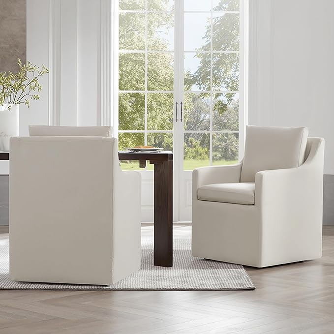 Upholstered Dining Chairs with Casters Washable Cover Side Deskchair with Rollers for Diningroom, Living Room, Flax Beige, 2 Box