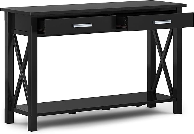 SIMPLIHOME Kitchener Console Table - 47 Inch Wide Solid Wood Sofa Table in Black, Contemporary Storage Table for Entryway or Living Room with 2 Drawers, Bottom Shelf, and X-Design Side Panels