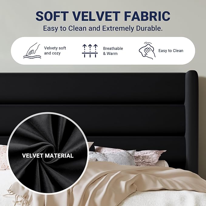 Allewie King Size Platform Bed Frame with Velvet Upholstered Wingback Headboard, No Box Spring Needed, Under Bed Storage Space, Strong Wooden Slats, Modern Mattress Foundation, Easy Assembly, Black