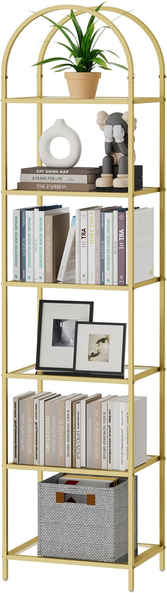 Homhedy Bookshelf Arched Display Racks,Metal Bookcase,Tempered Glass Shelves,Storage Rack Shelf for Home Office,Living Room,Bedroom, Bathroom,Modern Style (Golden, 11.8" D x 13.8" W x 68.1" H)