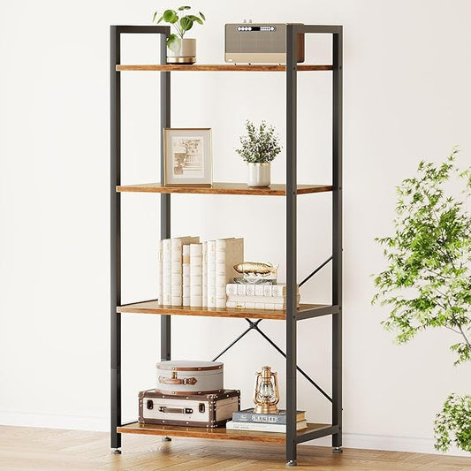 Casaottima Book Shelf, 4 Tier Bookshelf, Modern Wood Bookcase Shelves for Bedroom, Industrial Display Shelf for Living Room Home Office Kitchen, Standing Shelving Unit Storage Organizer, Vintage