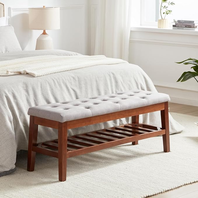 Upholstered Shoe Bench Entryway Bench for Bedroom, End of Bed, Ottoman Bench Tufted Padded Seat with Solid Wood Shelf for Living Room, Linen Ash Gray