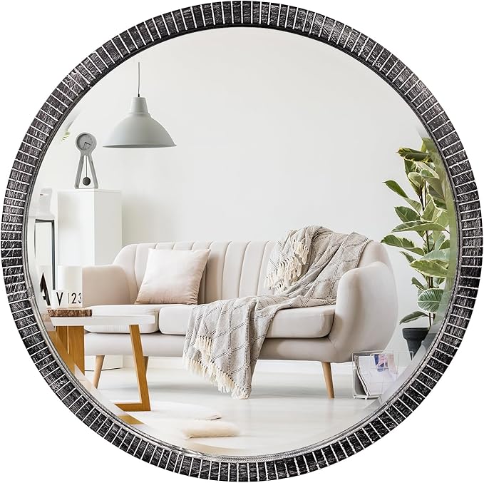 35" Round Wood Mirror, Rustic Circle Wall Mirror with Beveled, Wooden Round Mirror for Wall Decor, Decorative Wall-Mounted Mirror for Entryway, Living Room, Washed Black Frame