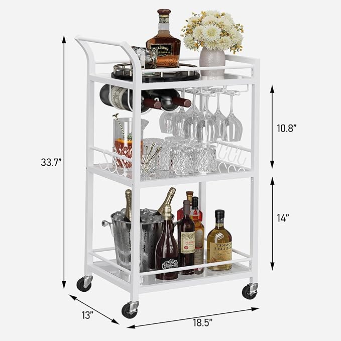 TUTOTAK Bar Cart, Home Bar Serving Cart with 3-Tier Mirrored Shelf, Mobile Kitchen Shelf, Rolling Beverage Cart, White BC01BW034