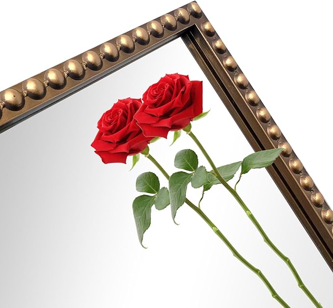 ironsmithn Gold Arched Mirror, 30"x36" Ornate Beaded Frame Mirrors, Metal Decorative Accent Mirror for Fireplace Bedroom Bathroom Living Room Entryway