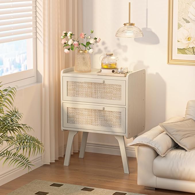 Lerliuo Rattan Nightstand, Boho Night Stand with 2 Drawers, Cane Accent Side End Table, Bedside Table with Solid Wood Legs for Bedroom, Dorm and Small Spaces (White)