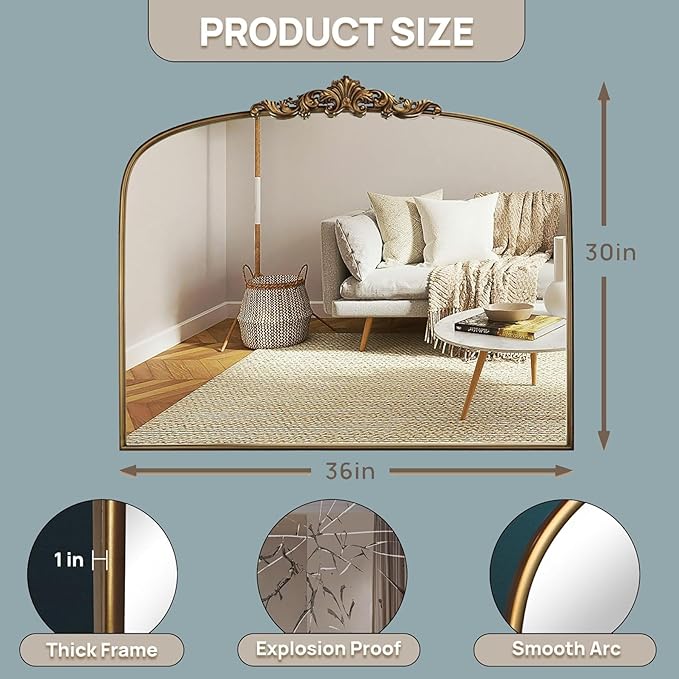 36"X30" Vintage Gold Mirror Baroque Mirror for Wall,Ornate Mirror with Metal Frame,Decorative Mirrors for Living Room,Entryway,Bathroom,and Bedroom