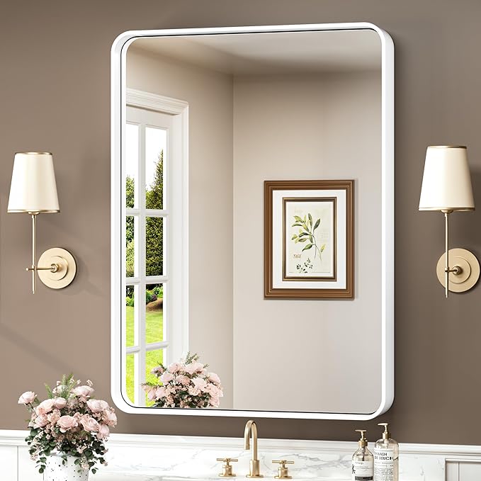 TokeShimi 24x36 Inch White Bathroom Mirror for Wall Vanity Mirror with Non-Rusting Aluminum Alloy Metal Frame Rounded Corner for Modern Farmhouse Home Decor (Horizontal/Vertical)